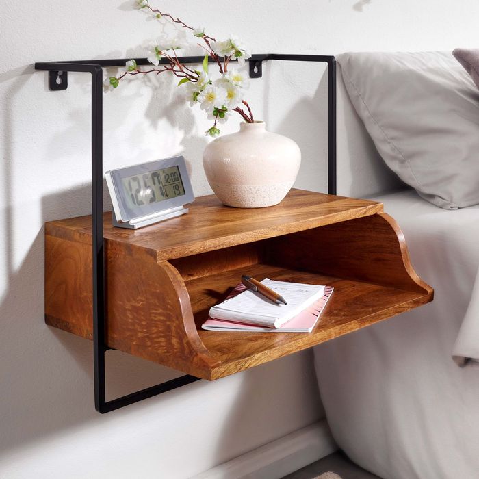 FineBuy Nachtkonsole für Wandmontage 44x45x35 cm Nachttisch Mango Massivholz, Nachtschrank mit Ablage, Wandboard Schwebend für Boxspringbett, Wandkonsole Nachtkästchen Hängend 4251757710704