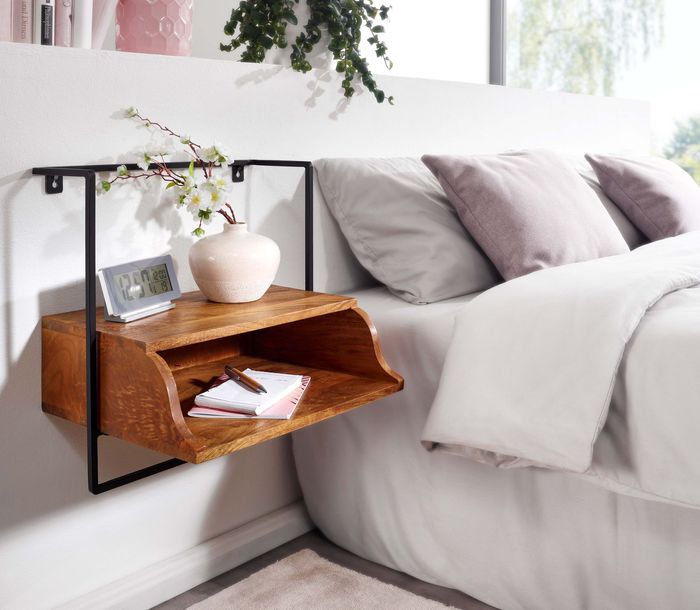 FineBuy Nachtkonsole für Wandmontage 44x45x35 cm Nachttisch Mango Massivholz, Nachtschrank mit Ablage, Wandboard Schwebend für Boxspringbett, Wandkonsole Nachtkästchen Hängend 4251757710704