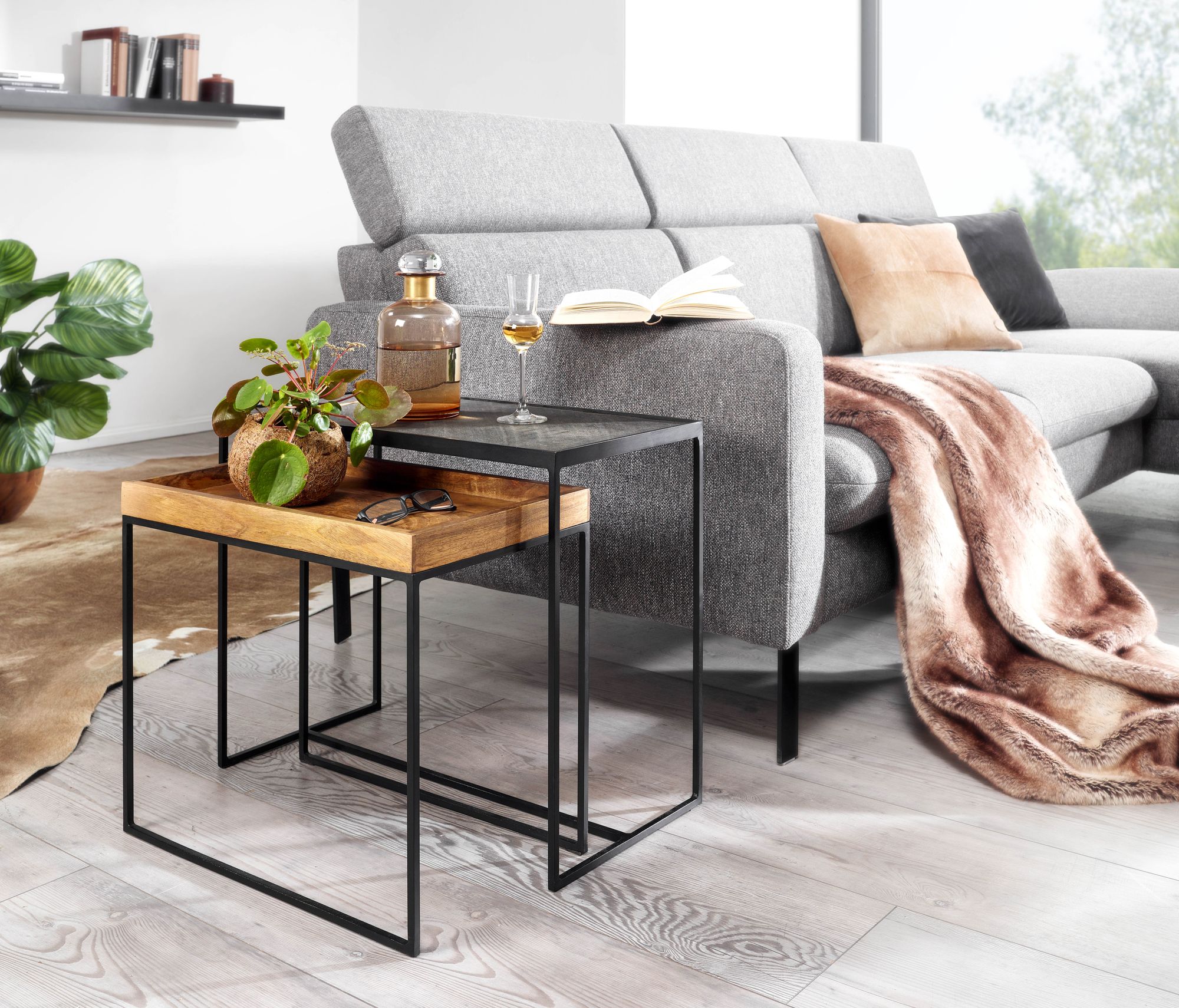 Beistelltisch FineBuy Satztisch Massivholz Stein 2 teilig Couchtisch Tisch Set – Ansicht 2