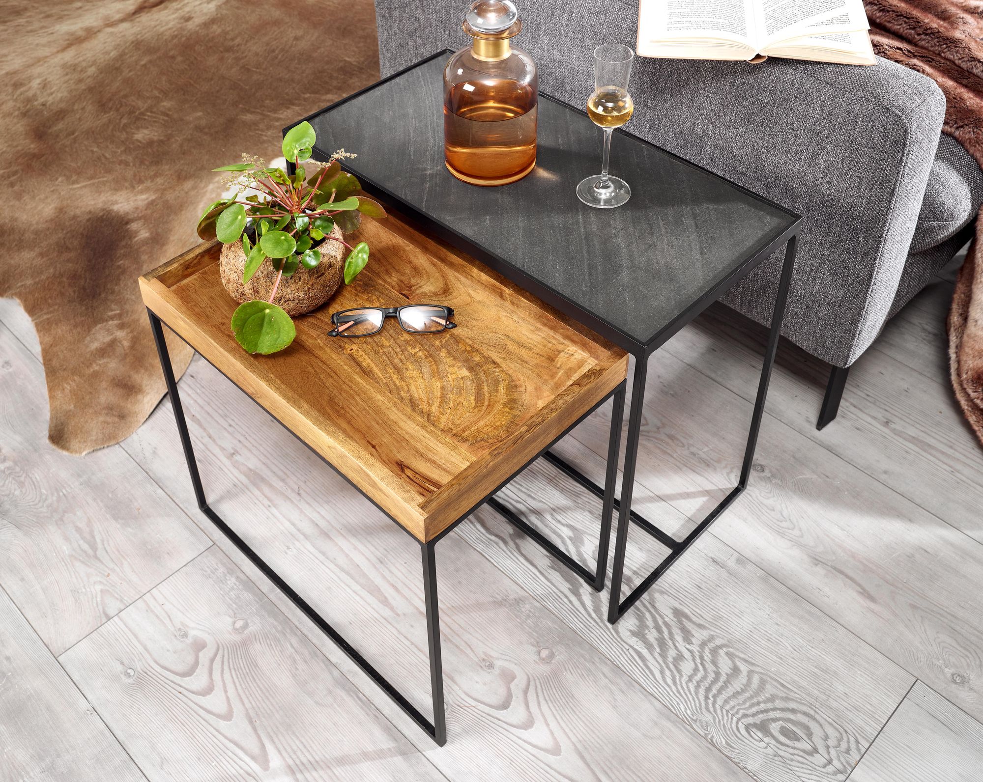 Beistelltisch FineBuy Satztisch Massivholz Stein 2 teilig Couchtisch Tisch Set – Ansicht 4