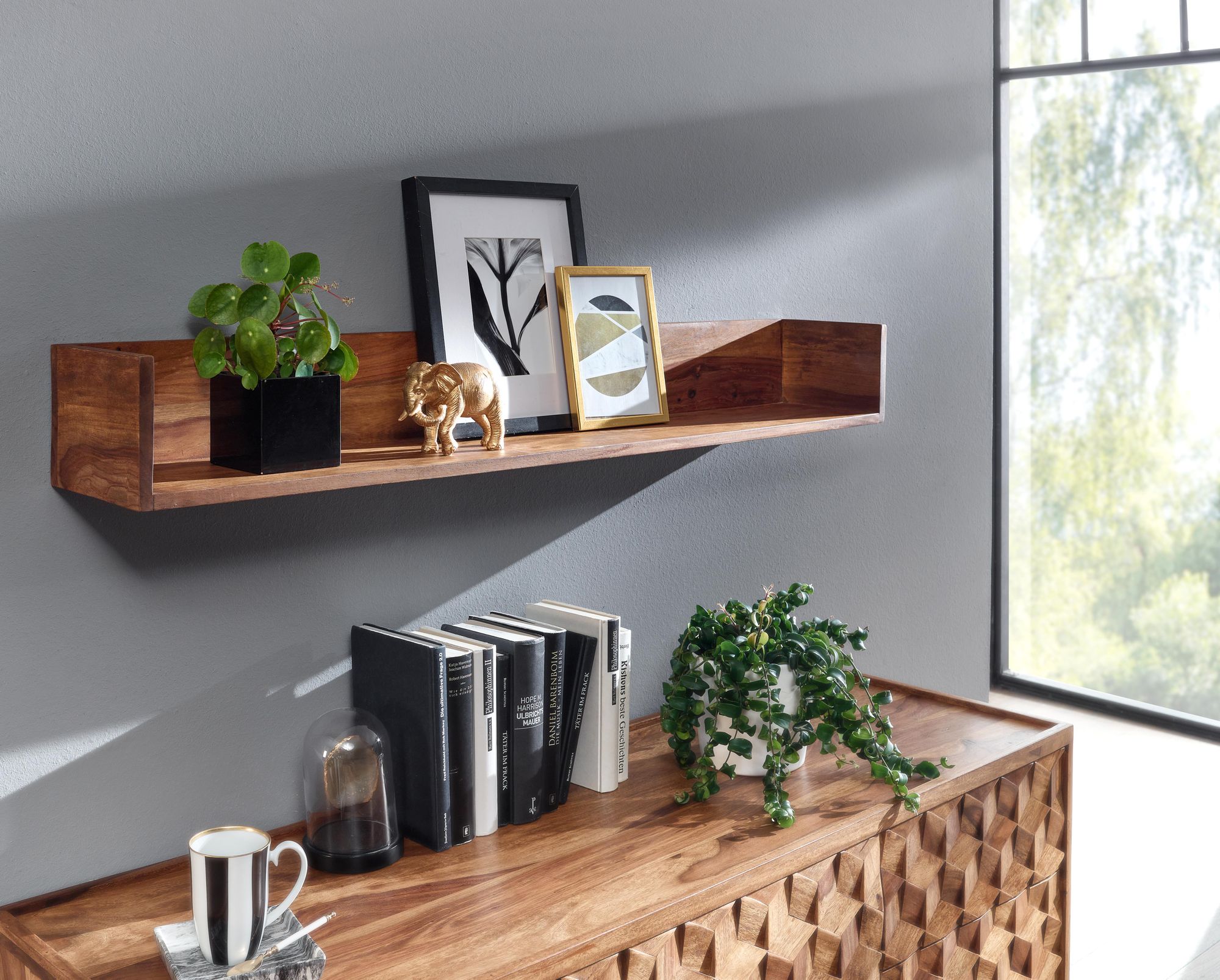 Wandregal FineBuy Hängeregal Holz Massiv 120x15x20 cm Regal Groß Schwebend – Ansicht 2