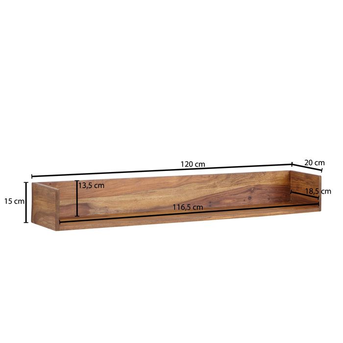 Wandregal FineBuy Hängeregal Holz Massiv 120x15x20 cm Regal Groß Schwebend – Maßzeichnung