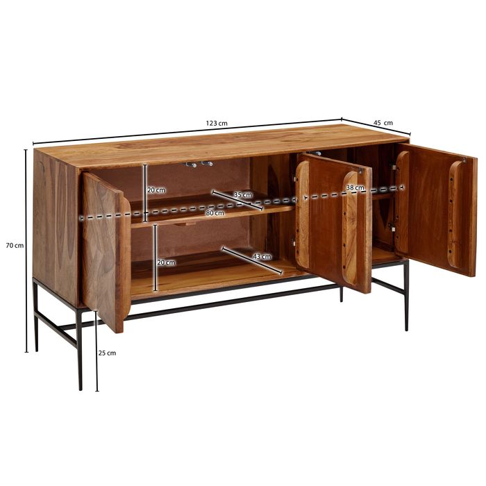 Massivholz Sideboard 120cm Sheesham Natur Design Kommode mit 3 Türen Metall schwarz – Maßzeichnung