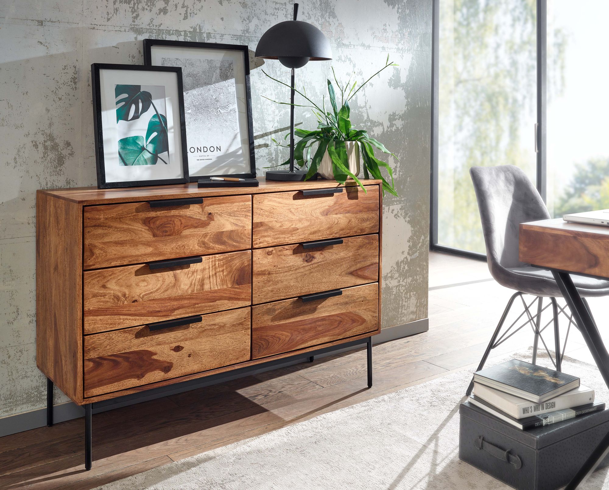 Massivholz Schubladenkommode 120cm Sheesham Natur Design Kommode mit 6 Schubladen Sideboard Metall schwarz – Ansicht 5