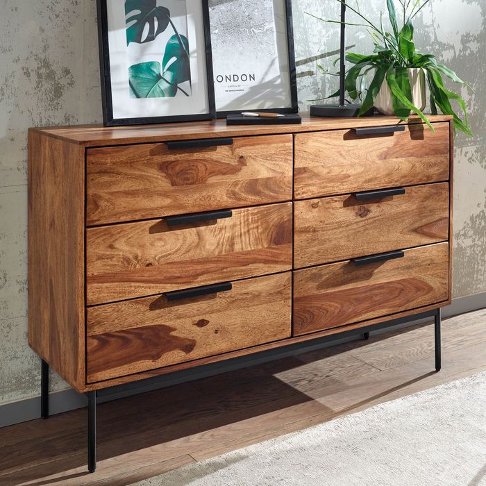 Massivholz Schubladenkommode 120cm Sheesham Natur Design Kommode mit 6 Schubladen Sideboard Metall schwarz