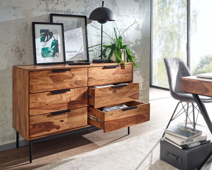 FineBuy Kommode 117x80x42 cm Sheesham Massivholz / Metall Schubladenkommode, Industrial Sideboard Kommodenschrank Holz Modern, Standschrank Anrichte Wohnzimmer 4251757710780