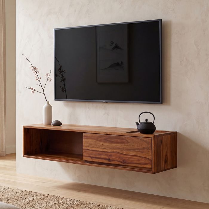 FineBuy Lowboard Hängend Sheesham Massivholz 108x25x34 cm TV-Schrank Braun, Design Fernsehtisch mit Stauraum, Fernsehschrank Wand Modern, TV-Kommode Fernsehkommode zum Aufhängen