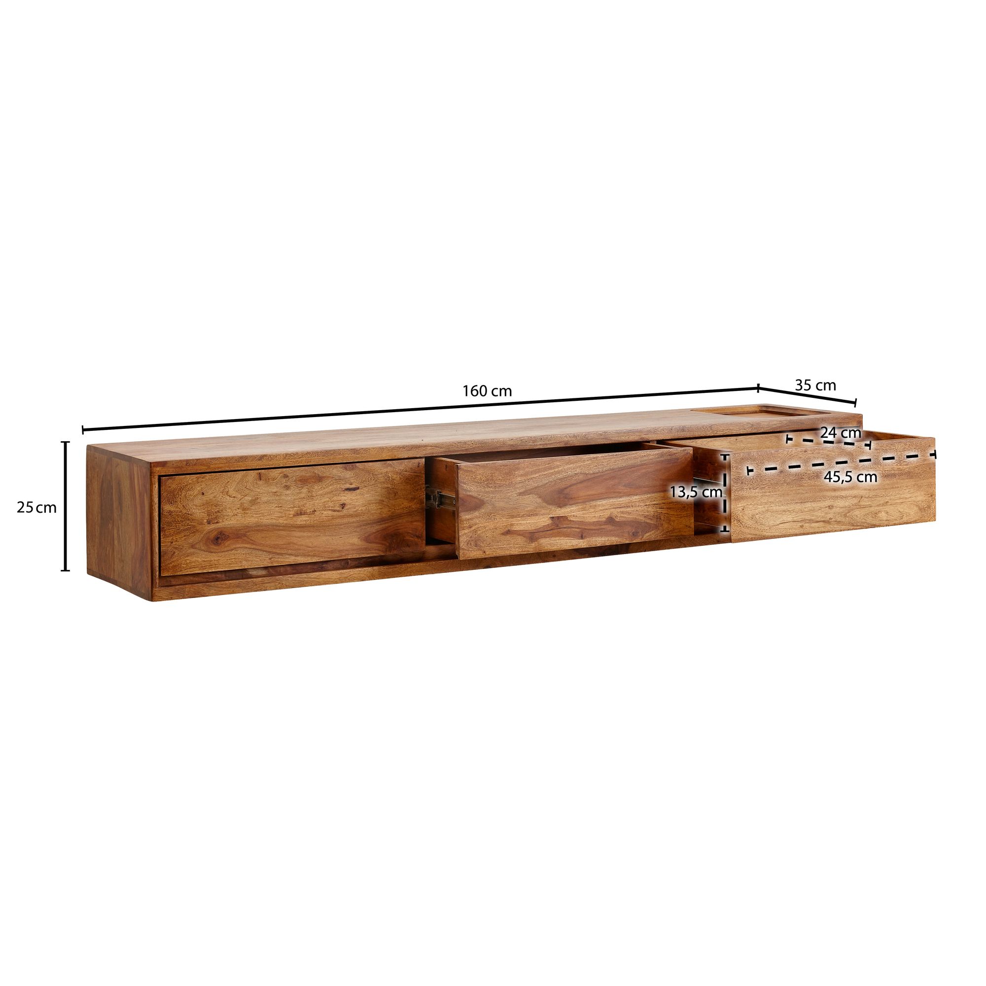 TV-Board Kommode 160cm hängend Sheesham Massivholz TV Lowboard mit 3 Schubladen – Ansicht 3