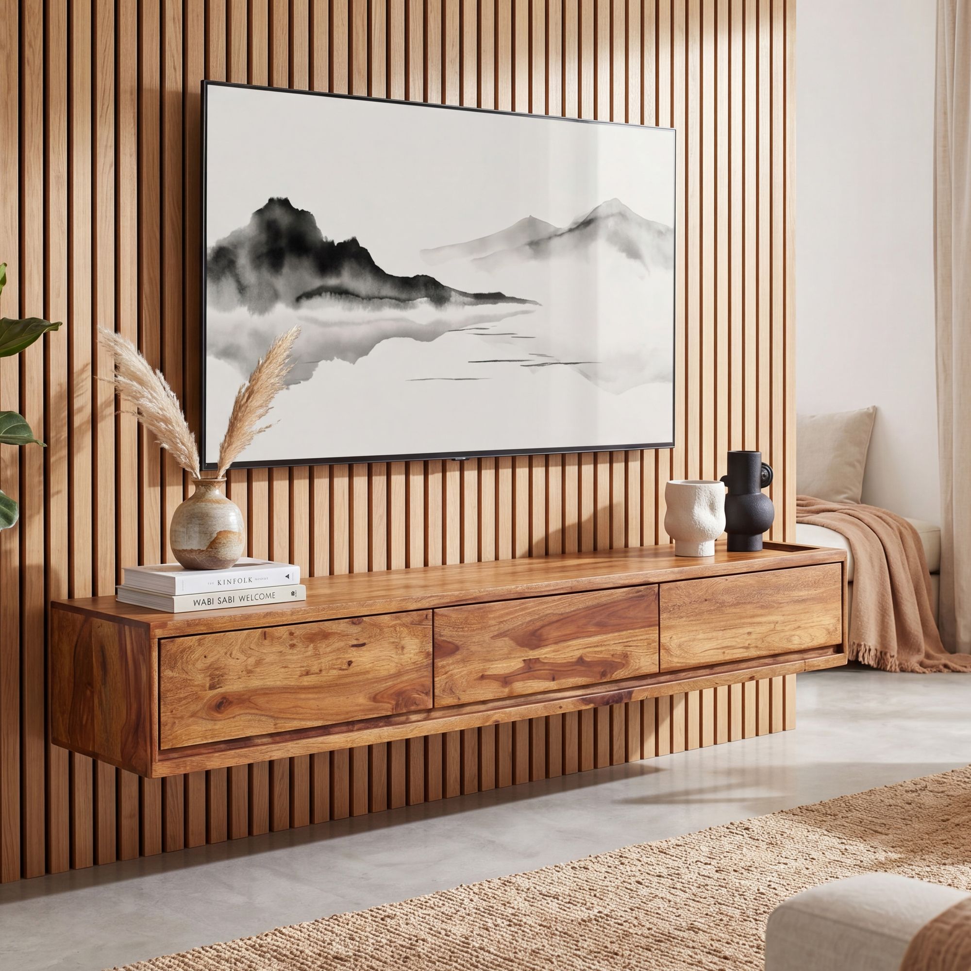 TV-Board Kommode 160cm hängend Sheesham Massivholz TV Lowboard mit 3 Schubladen – Ansicht 1