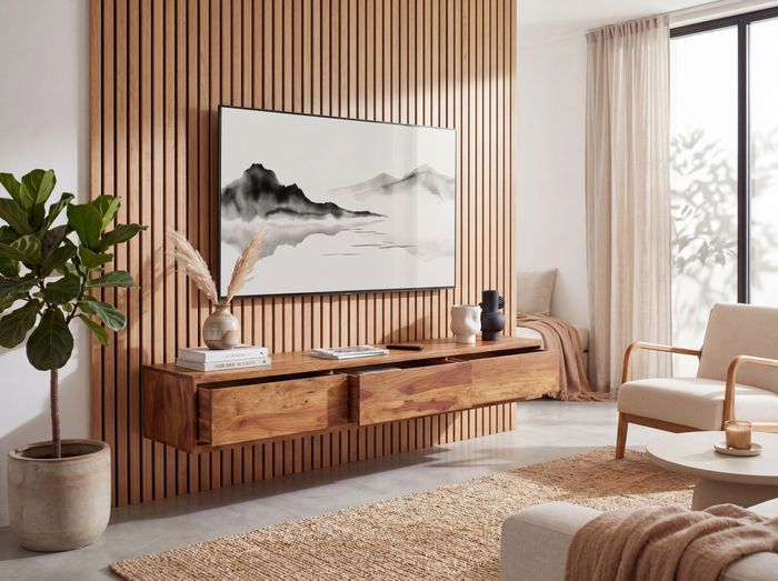 FineBuy Lowboard Hängend Sheesham Massivholz 160x25x35 cm TV-Schrank Braun, Design Fernsehtisch mit Stauraum, Fernsehschrank Wand Modern, TV-Kommode Fernsehkommode zum Aufhängen