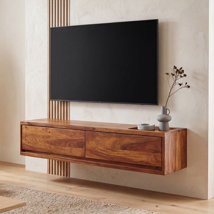FineBuy Lowboard Hängend Sheesham Massivholz 108x25x34 cm TV-Schrank Braun, Design Fernsehtisch mit Stauraum, Fernsehschrank Wand Modern, TV-Kommode Fernsehkommode zum Aufhängen