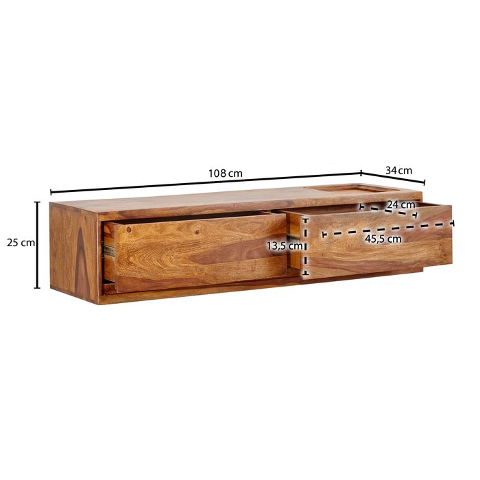 TV-Board Kommode 110cm hängend Sheesham Massivholz TV Lowboard mit 2 Schubladen – Maßzeichnung