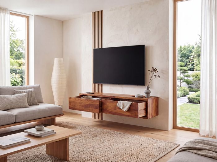 FineBuy Lowboard Hängend Sheesham Massivholz 108x25x34 cm TV-Schrank Braun, Design Fernsehtisch mit Stauraum, Fernsehschrank Wand Modern, TV-Kommode Fernsehkommode zum Aufhängen