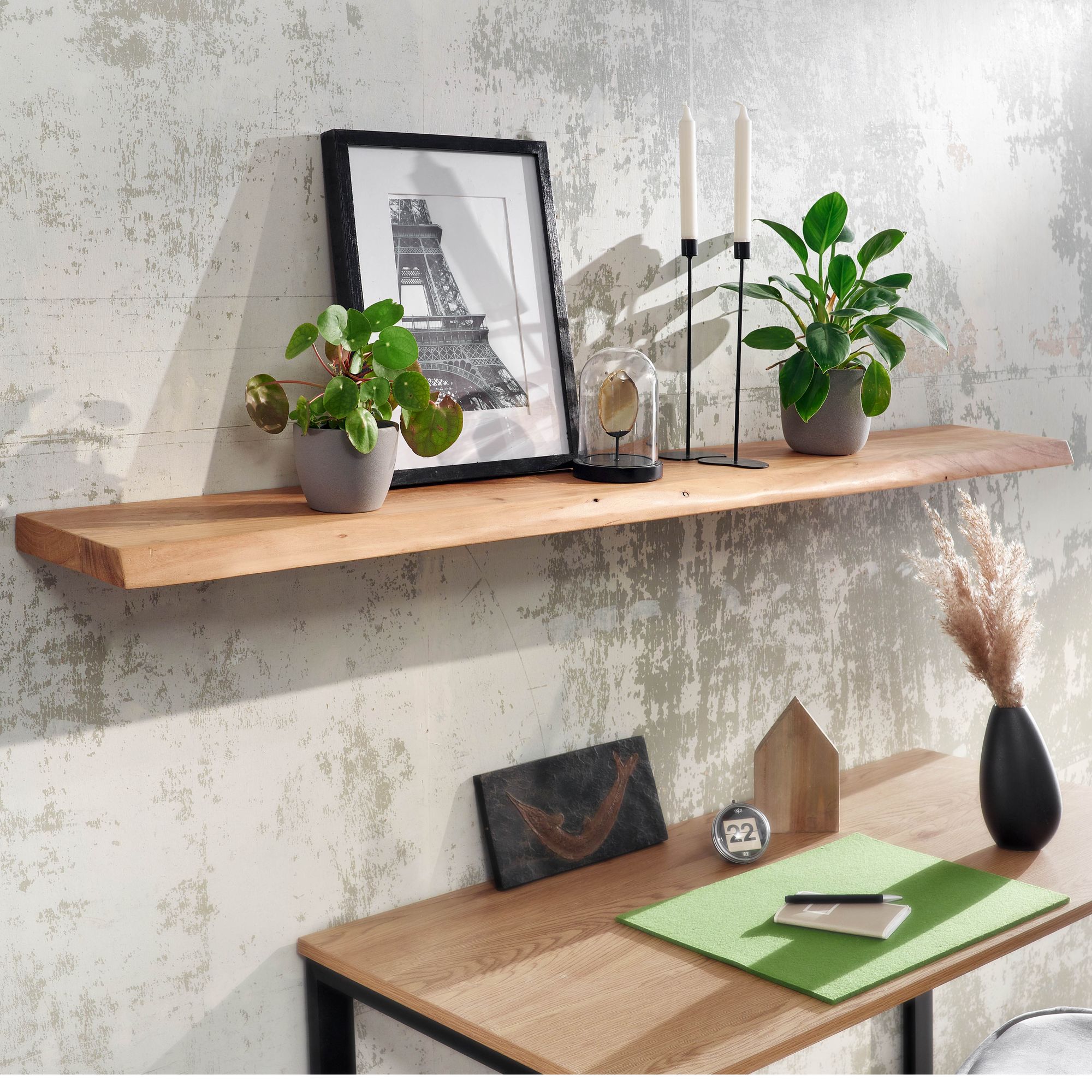 FineBuy Wandregal mit Baumkante Akazie Massivholz, Design Schweberegal Wandboard Massiv, Regal Holz Natur, Landhausstil Hängeregal