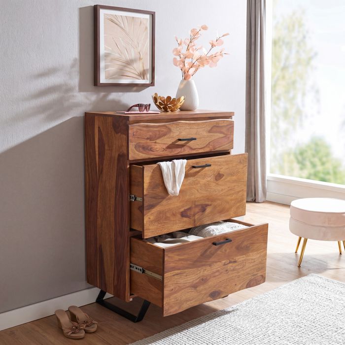 FineBuy Kommode 80x120x41,5 cm Sheesham Massivholz / Metall Flurkommode, Sideboard Highboard mit Baumkante, Kommodenschrank Holz Modern, Standschrank Anrichte Schubladenkommode