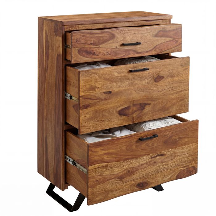 FineBuy Kommode 80x120x41,5 cm Sheesham Massivholz / Metall Flurkommode, Sideboard Highboard mit Baumkante, Kommodenschrank Holz Modern, Standschrank Anrichte Schubladenkommode