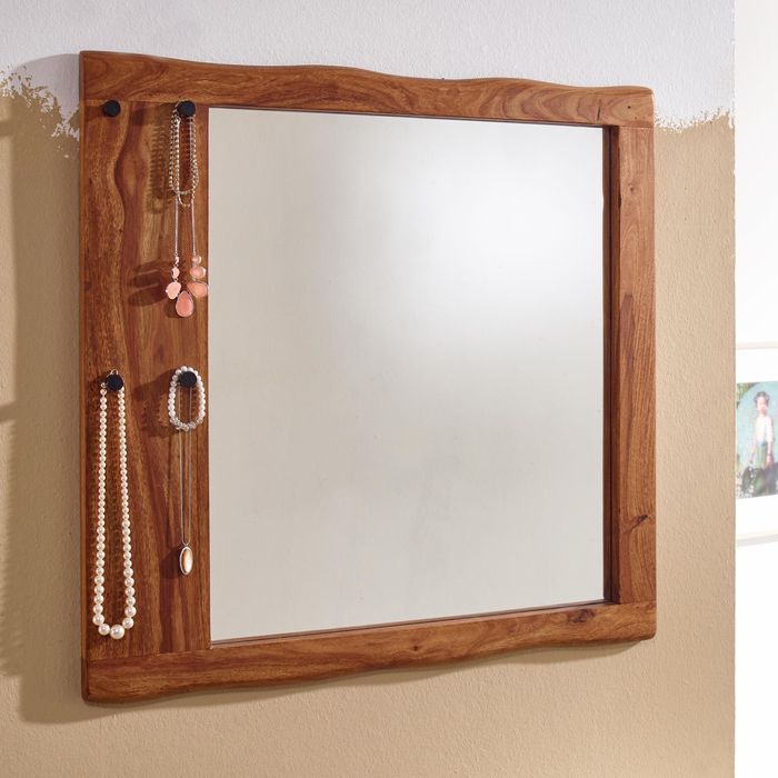FineBuy Wandspiegel Sheesham Massivholz 80x80x3 cm Design Flurspiegel Baumkante, Hängespiegel Modern mit Haken, Spiegel Wand Groß, Moderner Garderobenspiegel 4251757710957