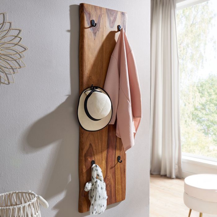 FineBuy Wandgarderobe Sheesham Massivholz / Metall 40x140x7 cm mit Baumkante, Design Hakenleiste 2-Reihig Flurgarderobe Wand, Garderobe Holz 4251757710971