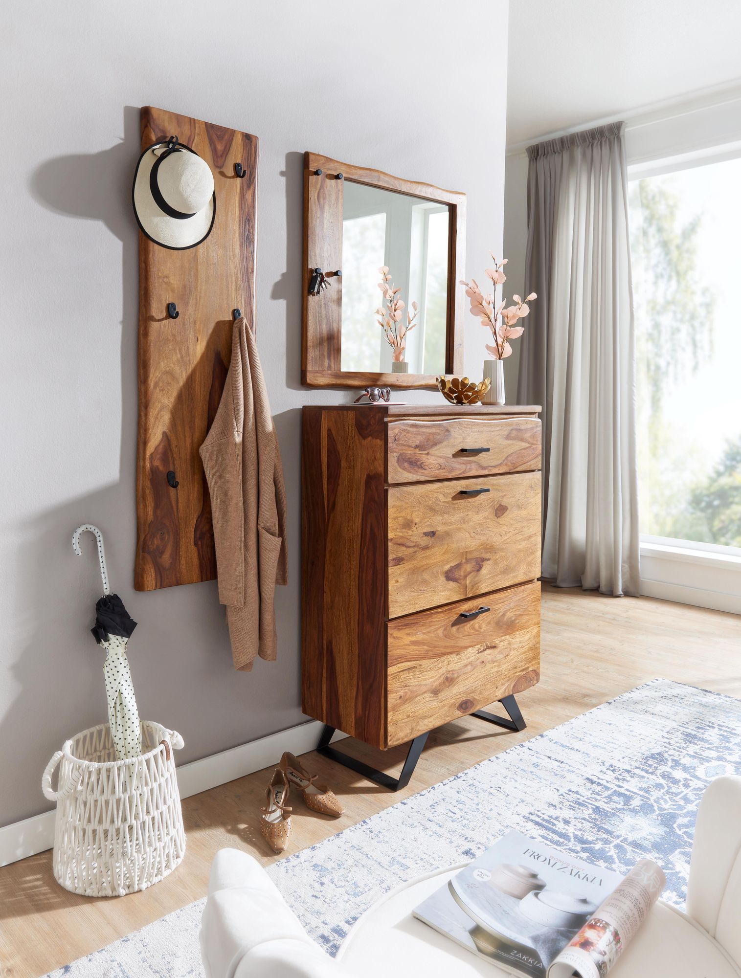 Garderoben Set FineBuy Holz Massiv Wandgarderobe Kommode Flurgarderobe Spiegel – Ansicht 1