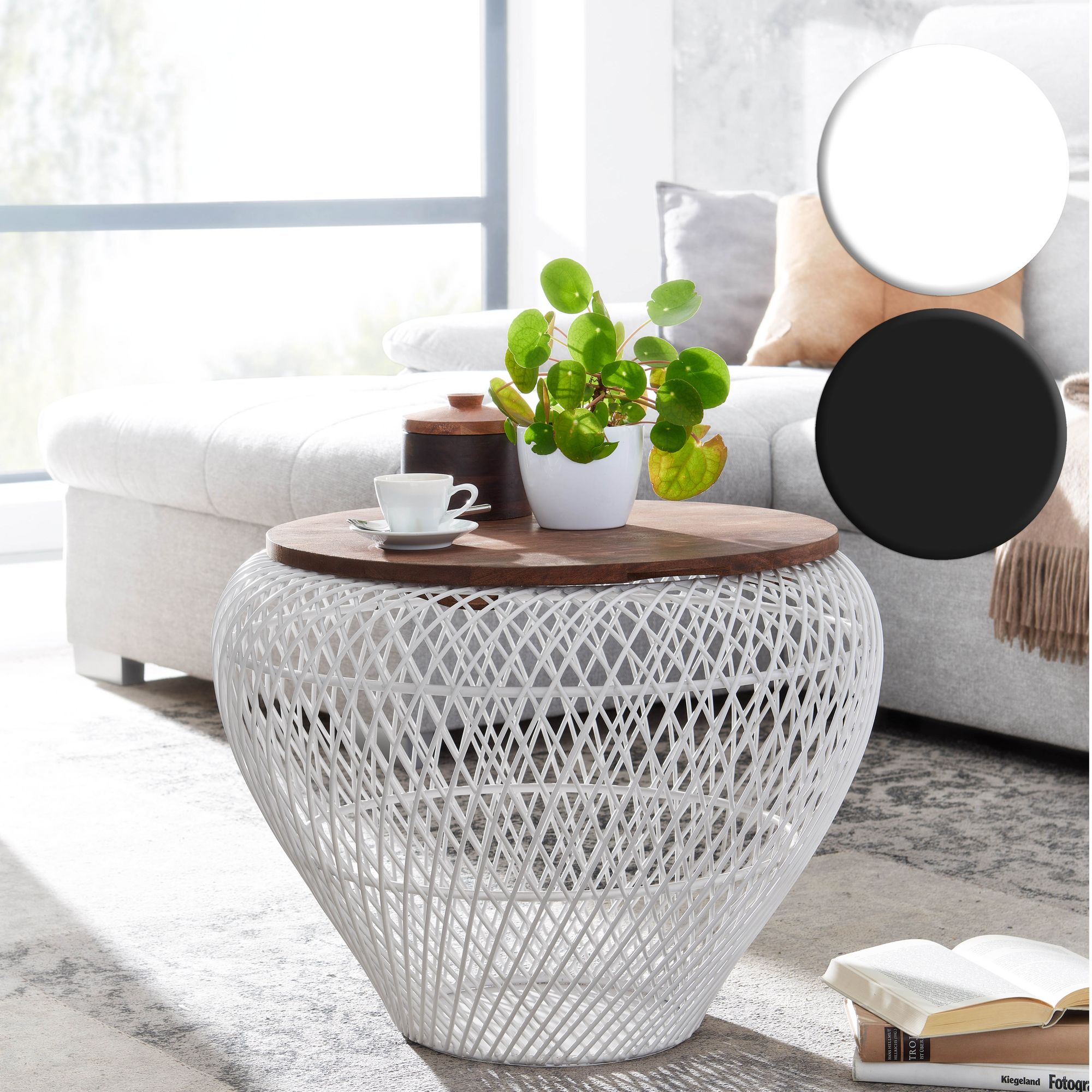 FineBuy Couchtisch Mango Massivholz Metall 60x60x45 cm Rund mit Stauraum, Design Wohnzimmertisch Korbtisch Modern, Beistelltisch Sofatisch Wohnzimmer