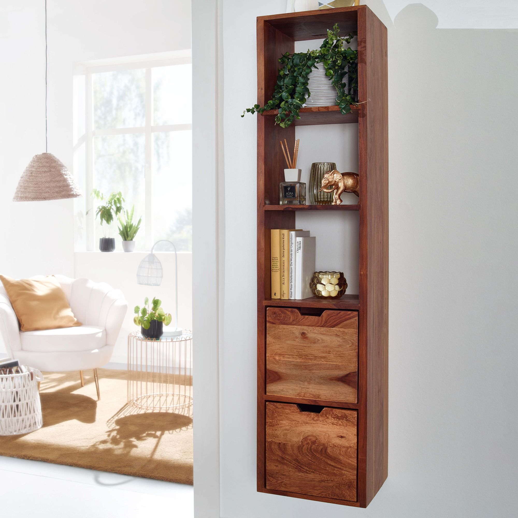 Wandregal FineBuy Schweberegal mit Schubladen 150 cm Holz Regal Hängend Massiv – Ansicht 1