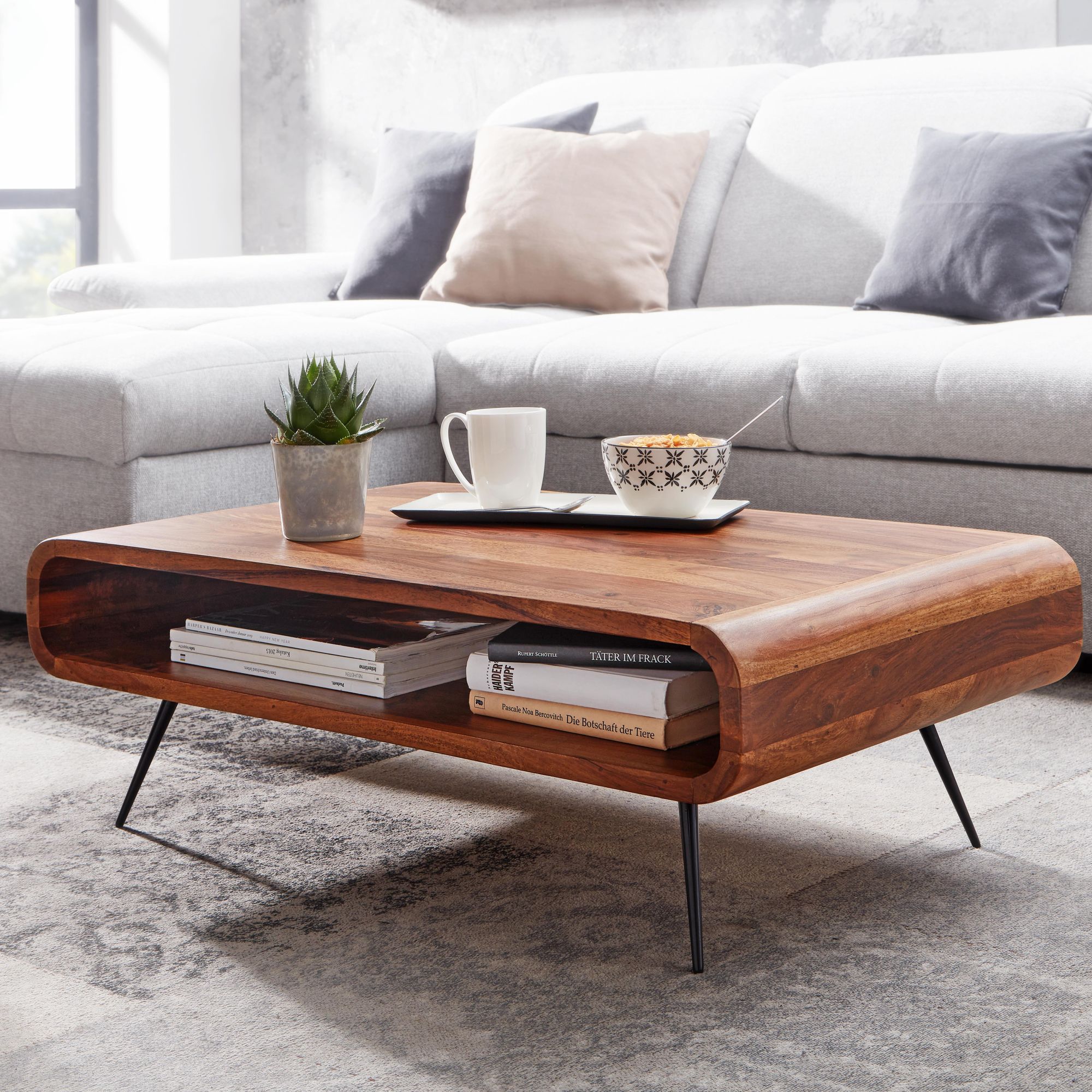 FineBuy Couchtisch Sheesham Massivholz 90cm Retro Design Ablage Wohnzimmertisch – Ansicht 1
