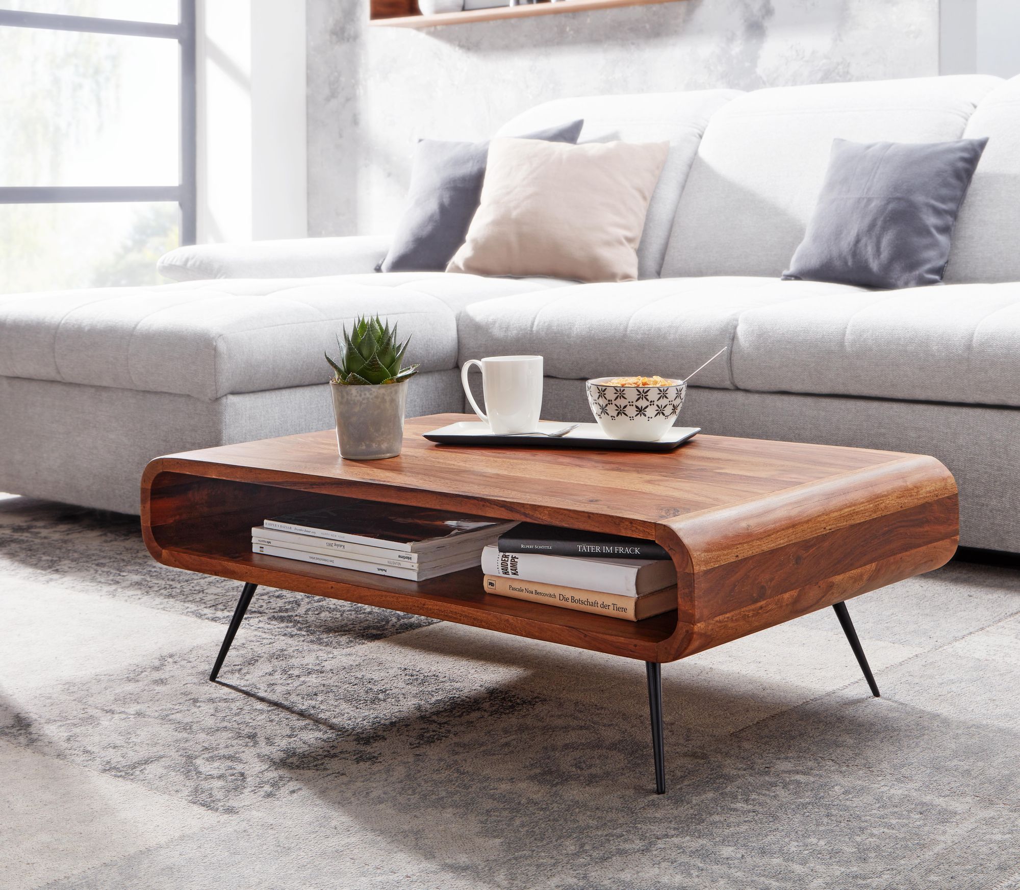 FineBuy Couchtisch Sheesham Massivholz 90cm Retro Design Ablage Wohnzimmertisch – Ansicht 2