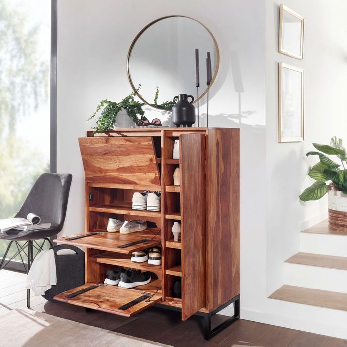 FineBuy Schuhschrank Sheesham Massivholz 88x120x40 cm Schuhregal Geschlossen, Design Schuhkommode Flurschrank mit Ablage, Schuhaufbewahrung Flurkommode für Schuhe Hoch
