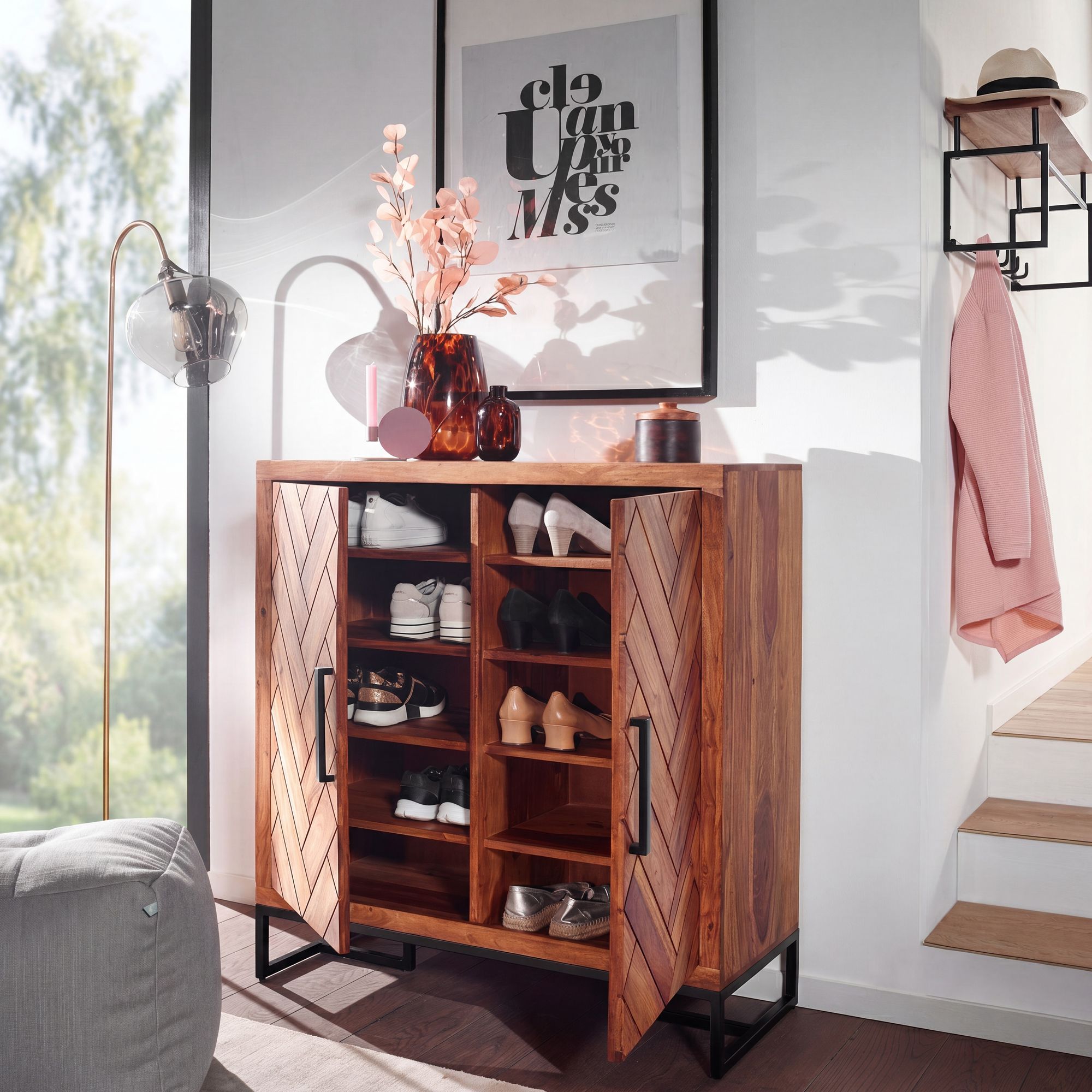 Massivholz Schuhschrank Sheesham 100cm Schuhkommode Garderobe Flur – Ansicht 1