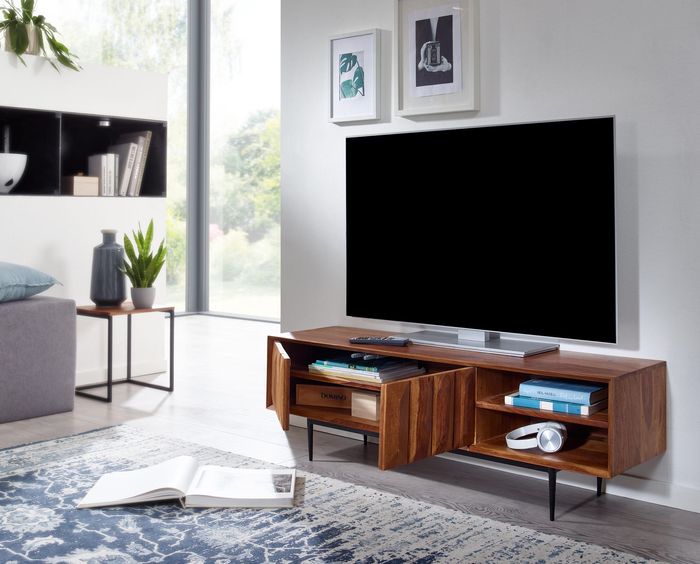 Finebuy Lowboard Sheesham Massivholz 123x42x35 cm TV-Kommode mit zwei Türen, Design TV-Schrank Hoch, Fernsehtisch Fernsehschrank Modern, Fernsehkommode Wohnzimmer