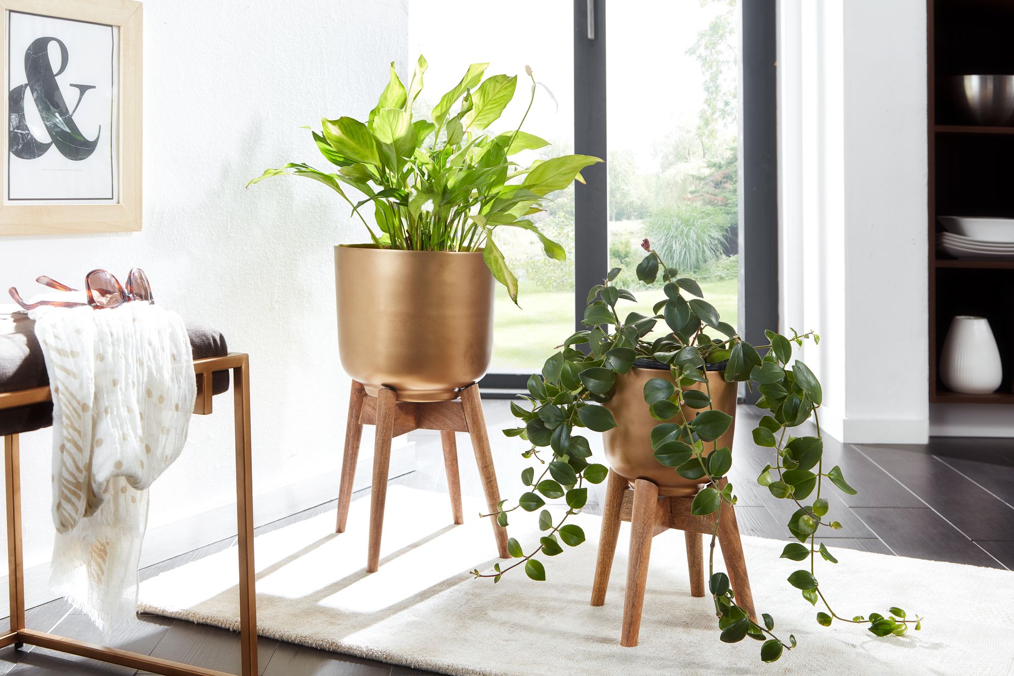 Blumentopf FineBuy Pflanzenkübel 2er Set Metall Holz Gold Rund Pflanzgefäß – Ansicht 2