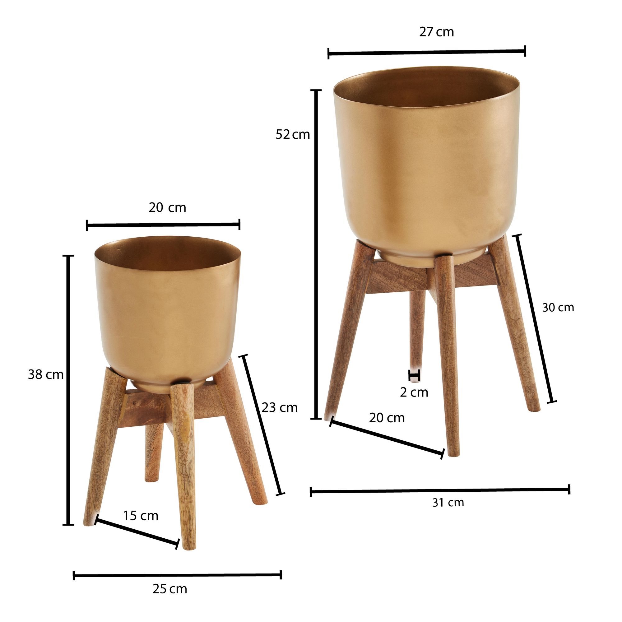Blumentopf FineBuy Pflanzenkübel 2er Set Metall Holz Gold Rund Pflanzgefäß – Ansicht 3