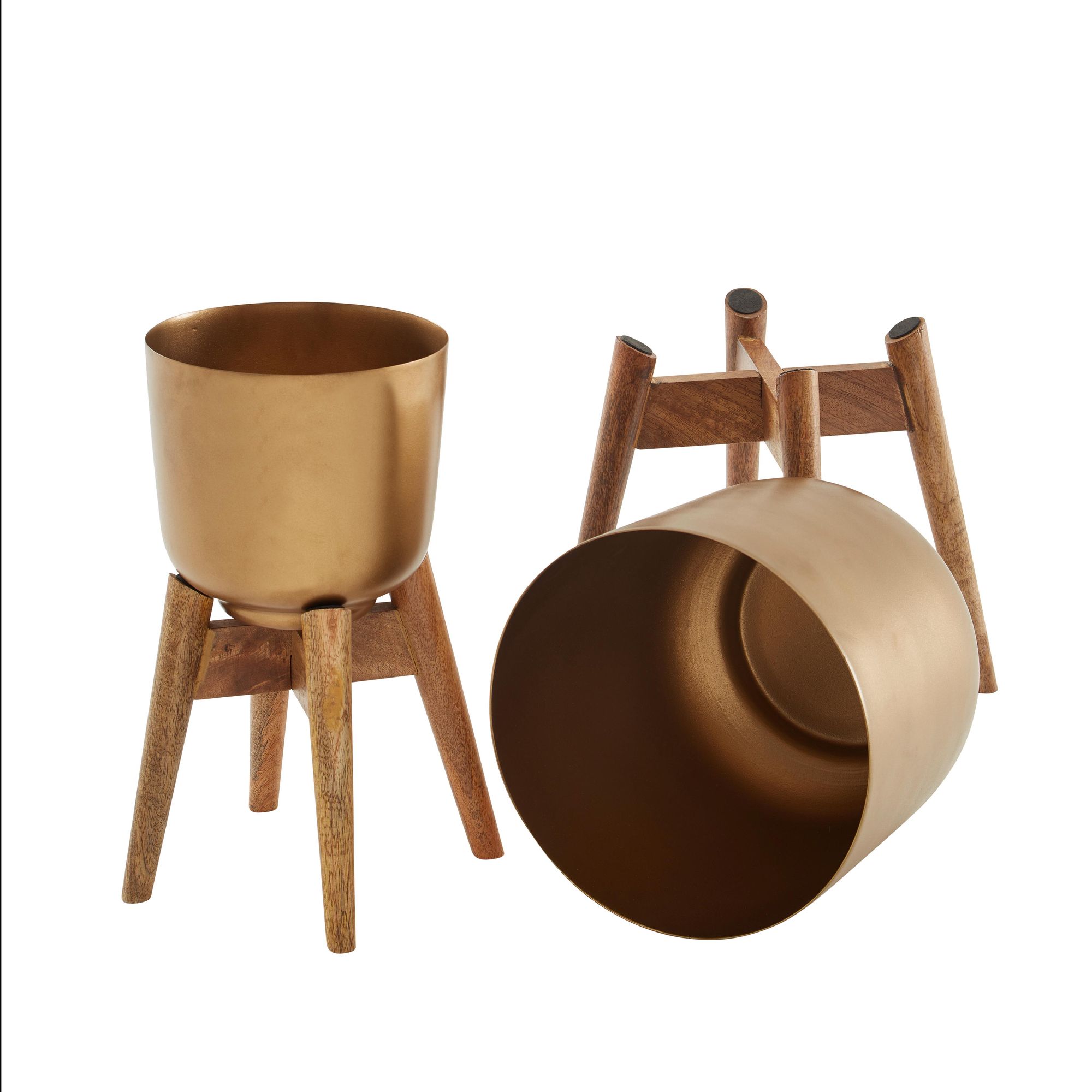 Blumentopf FineBuy Pflanzenkübel 2er Set Metall Holz Gold Rund Pflanzgefäß – Ansicht 6