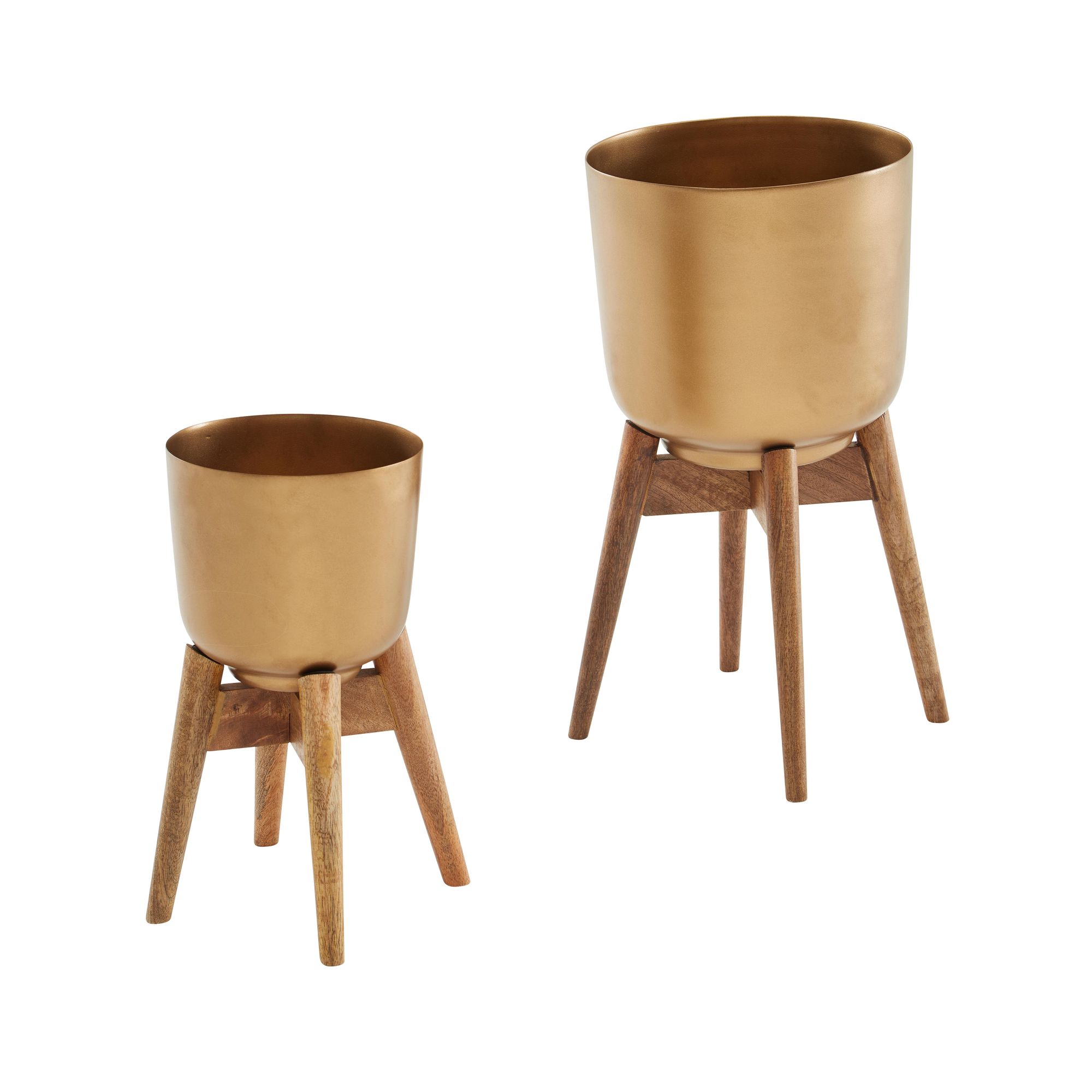 Blumentopf FineBuy Pflanzenkübel 2er Set Metall Holz Gold Rund Pflanzgefäß – Ansicht 7