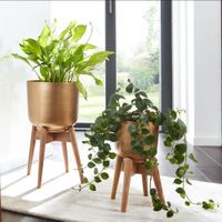 Blumentopf FineBuy Pflanzenkübel 2er Set Metall Holz Gold Rund Pflanzgefäß – Ansicht 1