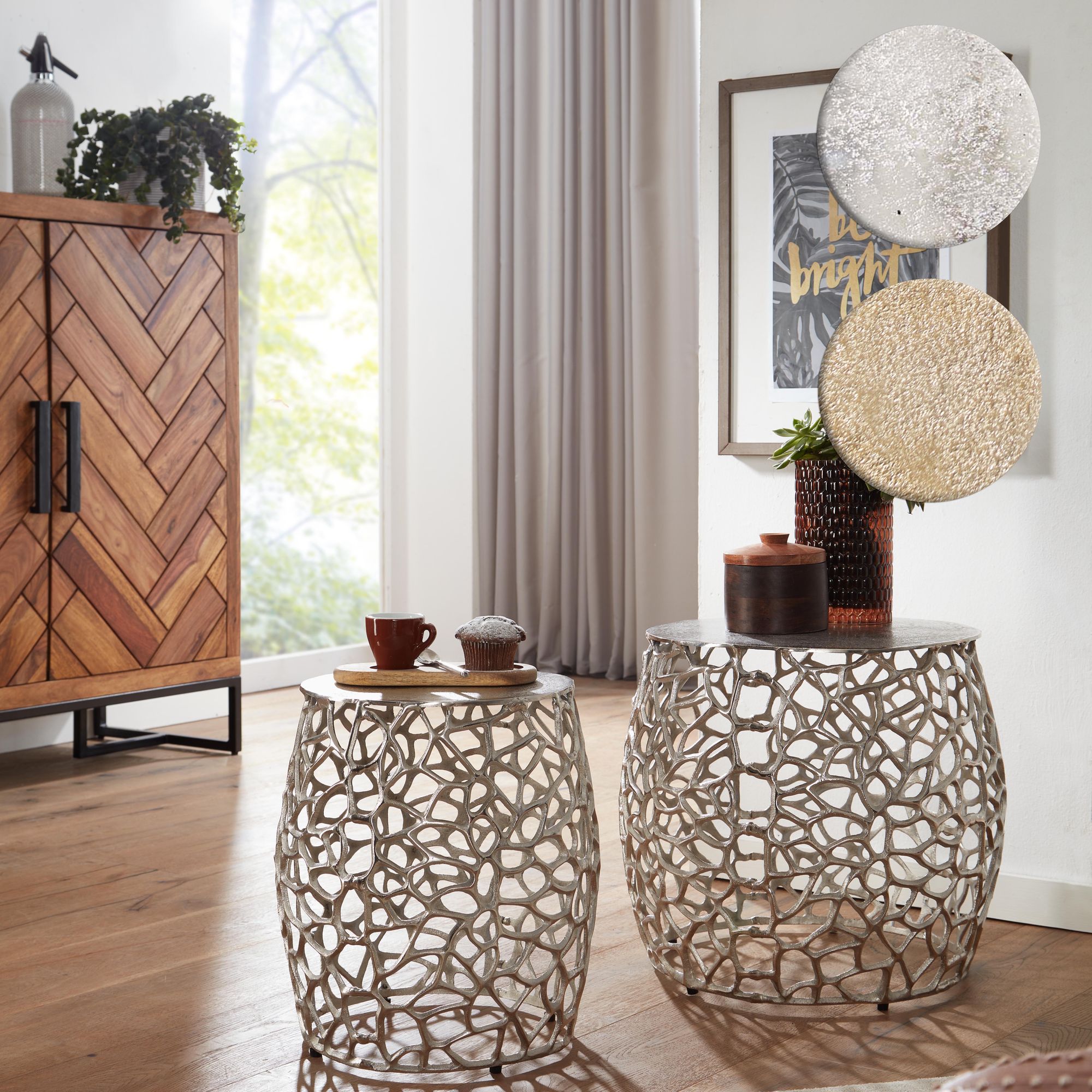 FineBuy Beistelltisch 2er Set Aluminium Design Satztisch Metall Rund, Wohnzimmertisch Couchtisch Ast-Struktur Modern, Sofatisch 2-teilig Wohnzimmer Dekotisch | Farbe: Silber FineBuy Beistelltisch 2er Set Aluminium Design Satztisch Metall Rund, Wohnzimmertisch Couchtisch Ast-Struktur Modern, Sofatisch 2-teilig Wohnzimmer Dekotisch | Farbe: Silber