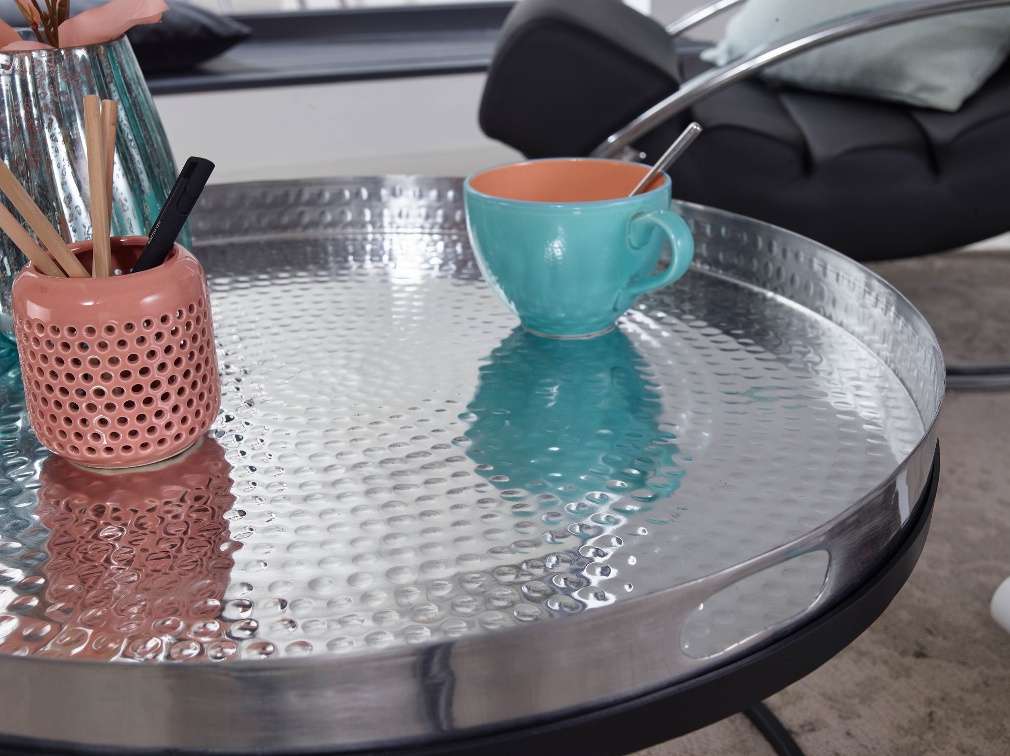 Couchtisch FineBuy Sofatisch Metall Hammerschlag Ø 62 cm Wohnzimmertisch Tisch – Ansicht 5