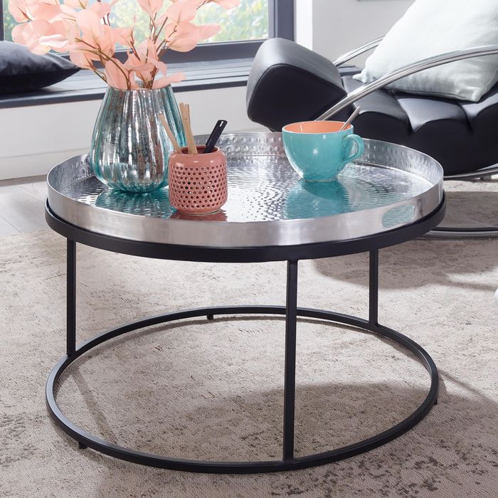FineBuy Couchtisch Hammerschlag Metall 62x62x36 cm Sofatisch Aluminium, Design Wohnzimmertisch abnehmbares Tablett Rund, Tabletttisch Wohnzimmer, Beistelltisch Modern