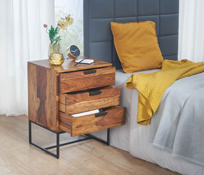 FineBuy Nachttisch Sheesham Massivholz / Metall 50x40x65 cm Nachtschrank Boxspringbett, Design Nachtkonsole mit 3 Schubladen, Nachtkommode Industrial mit Stauraum 4251757712180