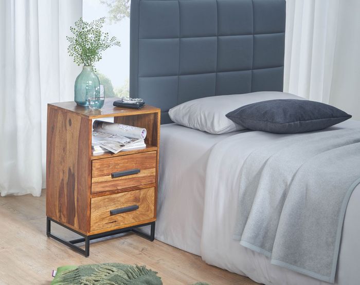 FineBuy Nachttisch Sheesham Massivholz / Metall 40x35x66 cm Nachtschrank Boxspringbett, Design Nachtkonsole mit 2 Schubladen, Nachtkommode Industrial mit Stauraum 4251757712258