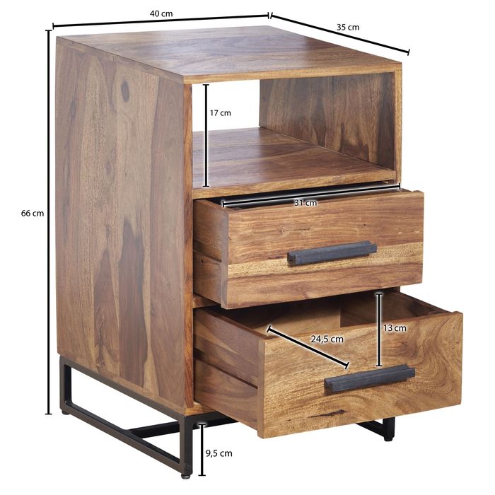 Nachttisch FineBuy Nachtkommode Boxspringbett Massivholz 40x35x66 cm Schubladen – Maßzeichnung