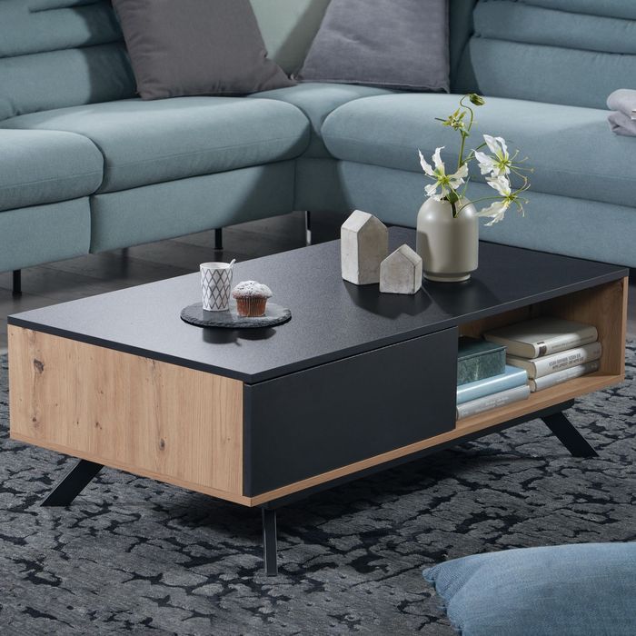 FineBuy Couchtisch 110x60x38 cm MDF Eiche-Dekor / Schwarz Wohnzimmertisch, Sofatisch Rechteckig mit Stauraum, Kaffeetisch mit Schubladen, Tisch Wohnzimmer mit Metallbeine 4251757712265