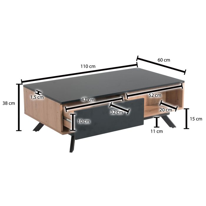 Couchtisch FineBuy Sofatisch 110x60x38 cm MDF Eiche Wohnzimmertisch Schublade – Maßzeichnung
