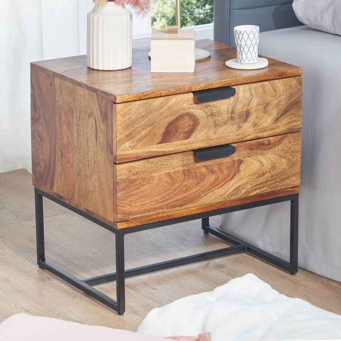 FineBuy Nachttisch Sheesham Massivholz / Metall 50x40x51 cm Nachtschrank Boxspringbett, Design Nachtkonsole mit 2 Schubladen, Nachtkommode Industrial mit Stauraum 4251757712289