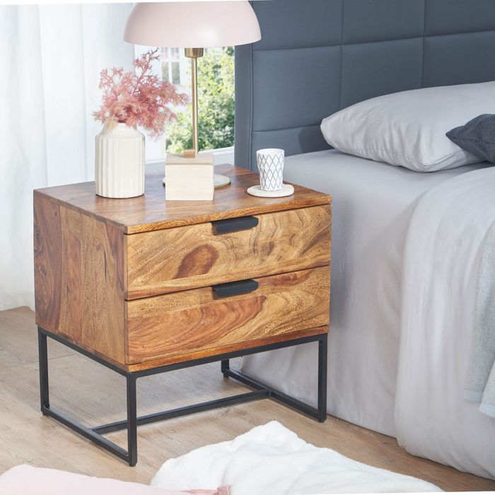 FineBuy Nachttisch Sheesham Massivholz / Metall 50x40x51 cm Nachtschrank Boxspringbett, Design Nachtkonsole mit 2 Schubladen, Nachtkommode Industrial mit Stauraum 4251757712289