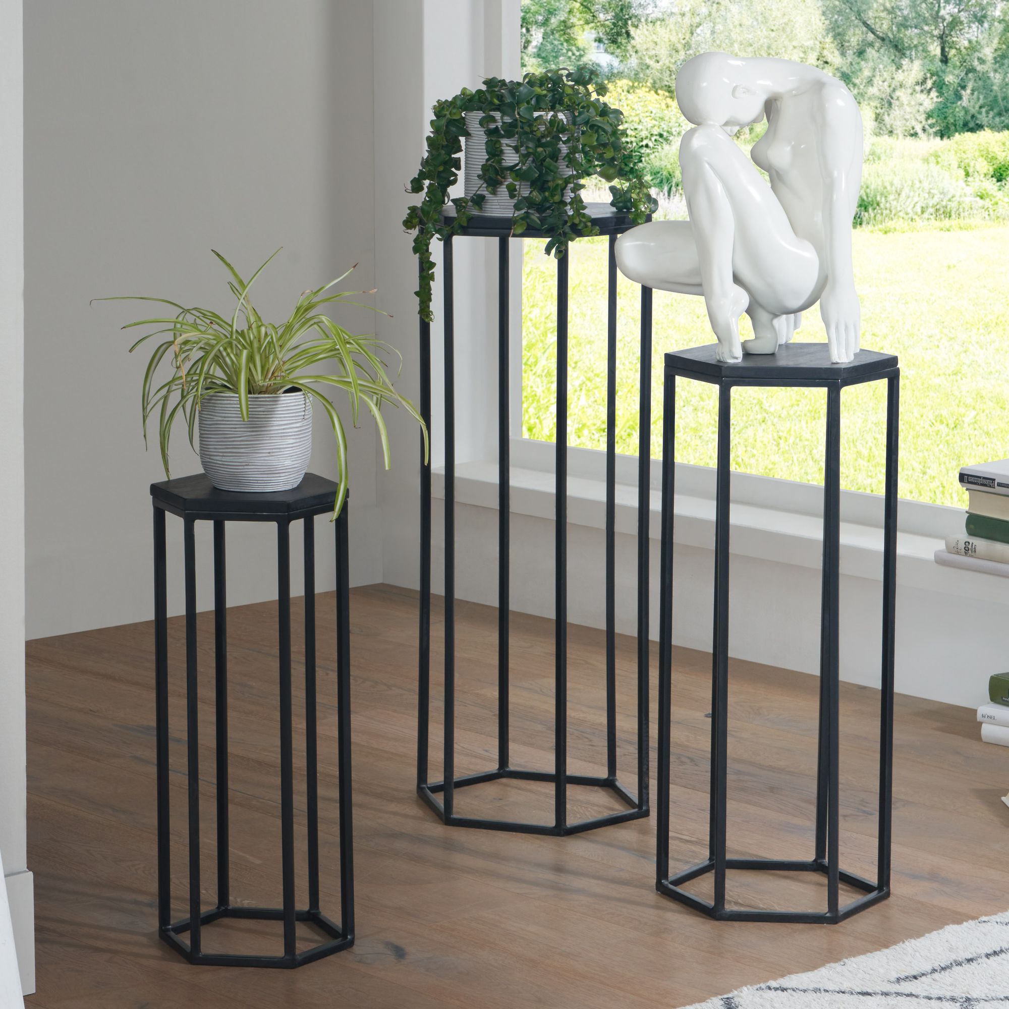 Satztisch FineBuy Massivholz Blumentisch 3er Set Säulentisch Dekosäule Eckig – Ansicht 1