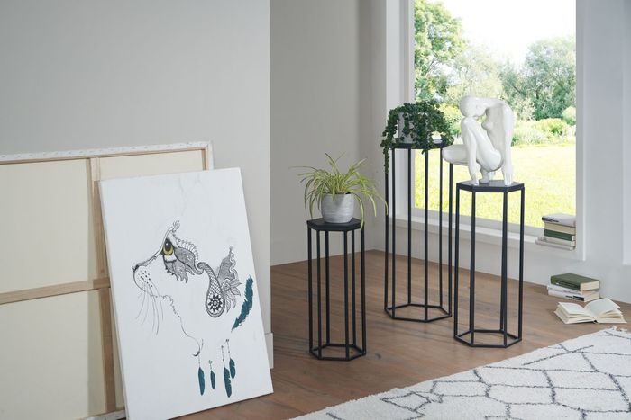 FineBuy Beistelltisch 3er Set Massivholz / Metall Satztisch Sechseckig, Säulentisch Pflanzentisch 3-teilig, Blumenständer Blumentisch Wohnzimmer, Pflanzenhocker Blumenhocker