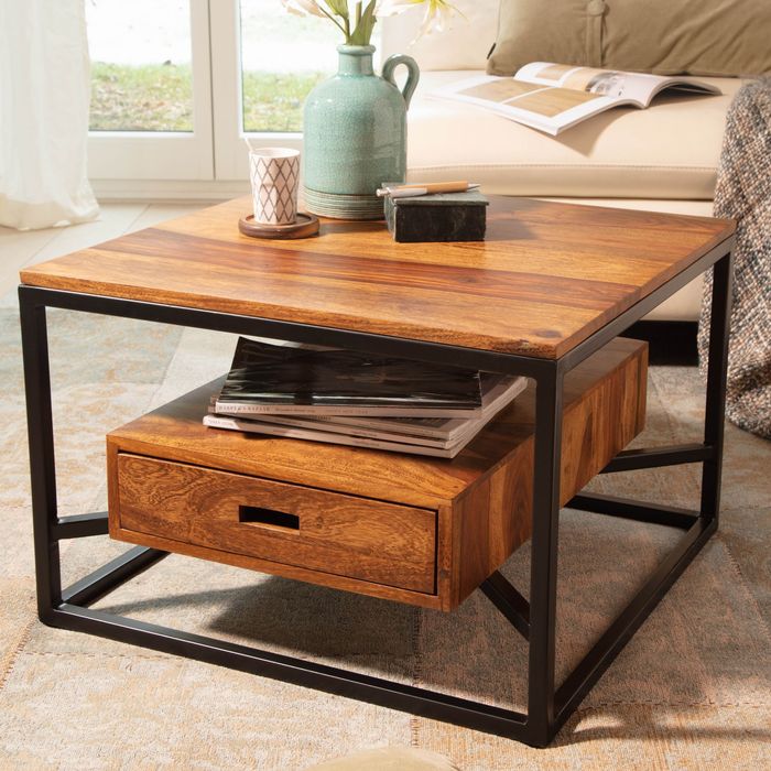 FineBuy Couchtisch 60x60x40 cm Sheesham Massivholz / Metall Sofatisch Quadratisch, Design Wohnzimmertisch Kaffeetisch Massiv mit Schublade, Kleiner Tisch Beistelltisch Wohnzimmer Modern 4251757713507