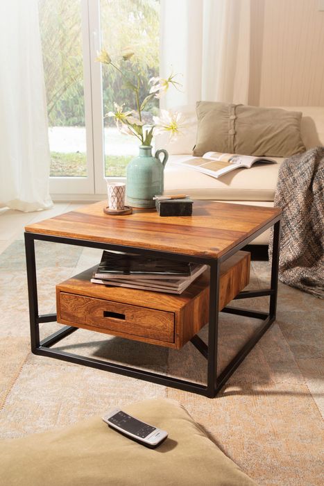 FineBuy Couchtisch 60x60x40 cm Sheesham Massivholz / Metall Sofatisch Quadratisch, Design Wohnzimmertisch Kaffeetisch Massiv mit Schublade, Kleiner Tisch Beistelltisch Wohnzimmer Modern 4251757713507
