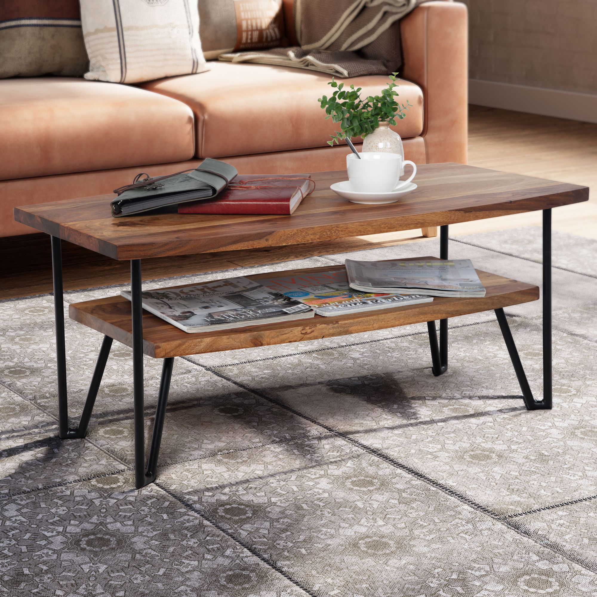 Couchtisch FineBuy Sofatisch 90x50x40 cm Sheesham Massivholz Tisch mit Stauraum – Ansicht 1
